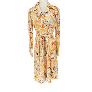 Vintage Country Miss Yellow Floral Belt Midi Shirt Dress 12/14 Hippie Retro 70s